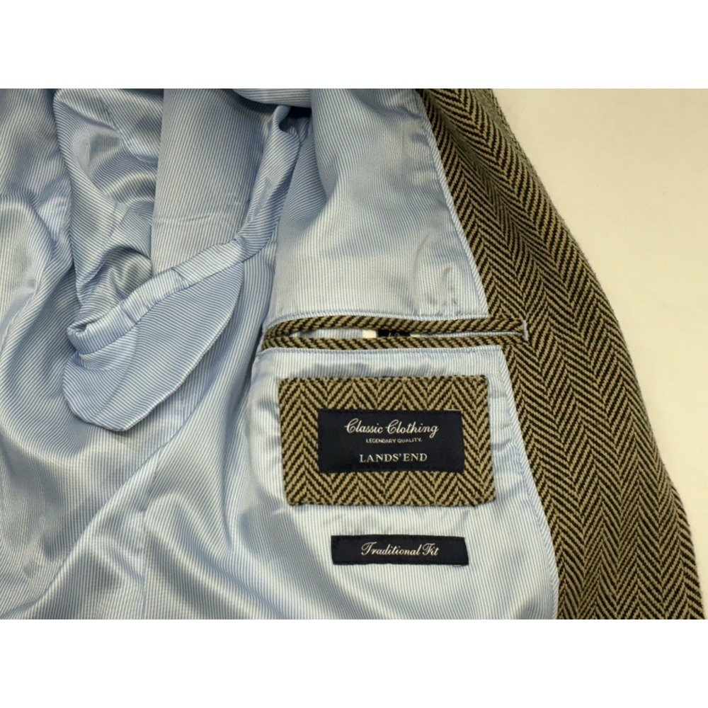 Lands End Beige/Black Herringbone Cotton Tweed Hunting Jacket Sport Coat 42R EUC - Picture 11 of 16